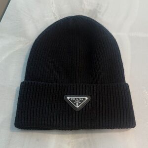 Prada Black Rib Knit Logo Beanie